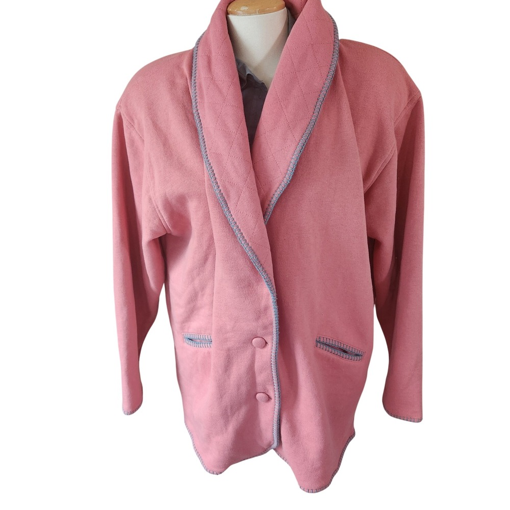 80s Lady Footlocker Pink Fleece Shawl Collar Cozy‎ Cardigan Jacket colorblock